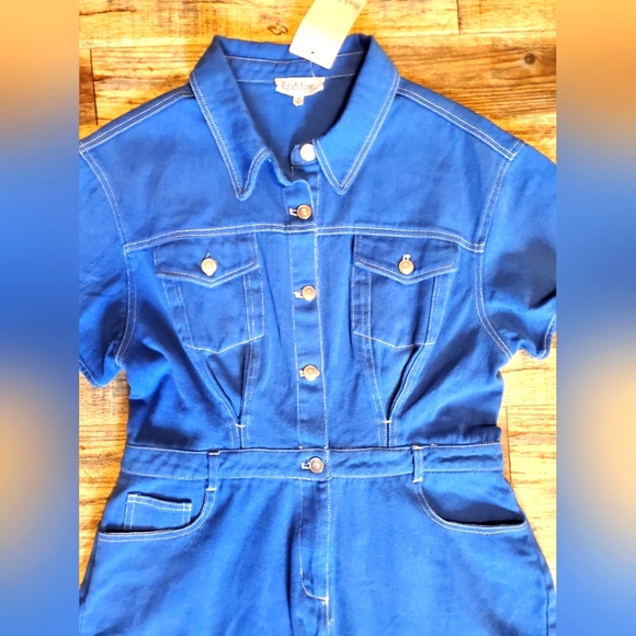 NEW Peach Love California Utility Blue Denim Jean Romper Jumpsuit Shorts Pockets - Picture 2 of 16